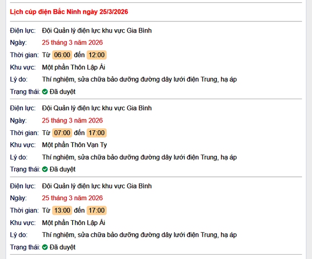 Tra cứu lịch cắt điện Bắc Ninh hôm nay Thứ 4 ngày 25/3/2026- Ảnh 1.