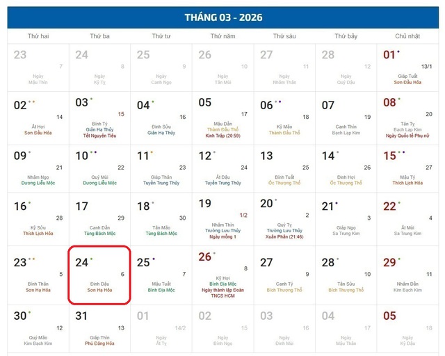 Lịch âm hôm nay 24/3 - Âm lịch 24/3 - Lịch vạn niên ngày 24/3/2026- Ảnh 1.
