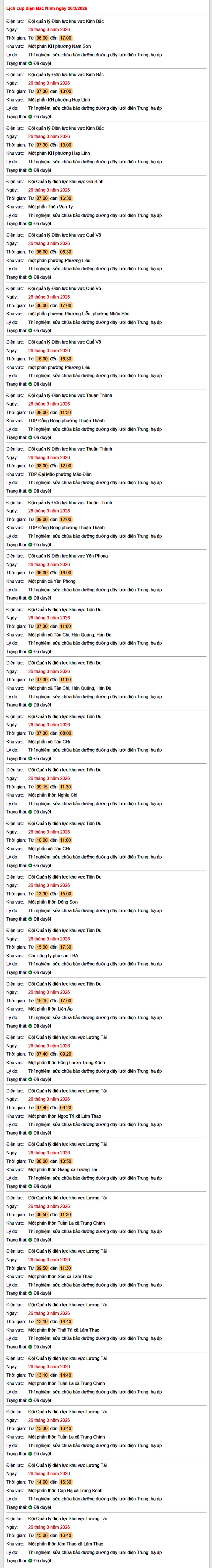 Tra cứu lịch cắt điện Bắc Ninh hôm nay Thứ 5 ngày 26/3/2026- Ảnh 1.
