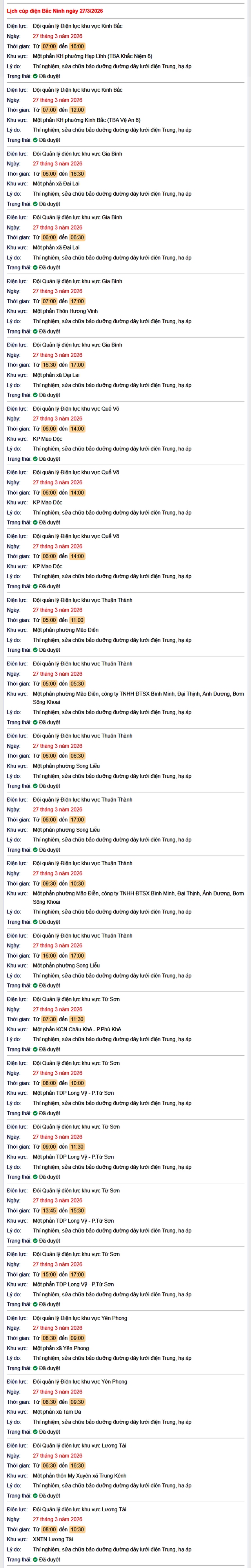 Tra cứu lịch cắt điện Bắc Ninh hôm nay Thứ 6 ngày 27/3/2026- Ảnh 1.