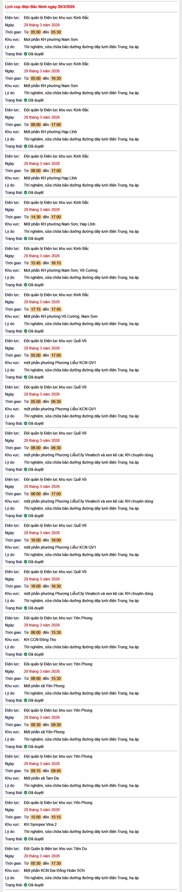 Tra cứu lịch cắt điện Bắc Ninh hôm nay Chủ Nhật ngày 29/3/2026- Ảnh 1.