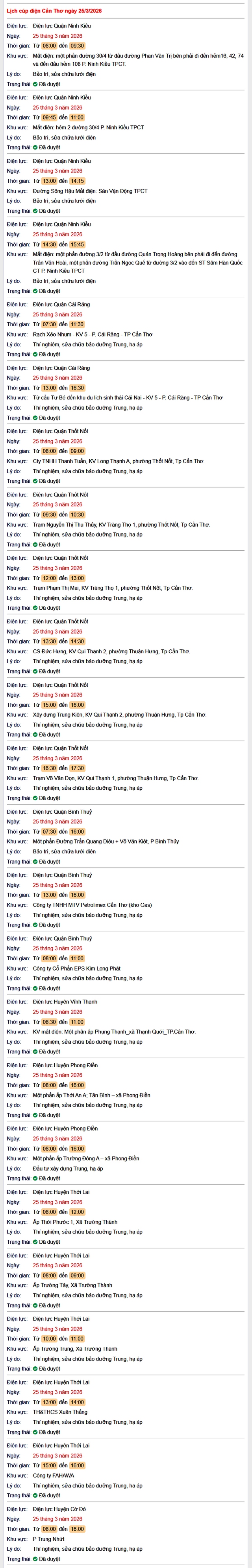 Tra cứu lịch cúp điện Cần Thơ hôm nay Thứ 4 ngày 25/3/2026- Ảnh 1.