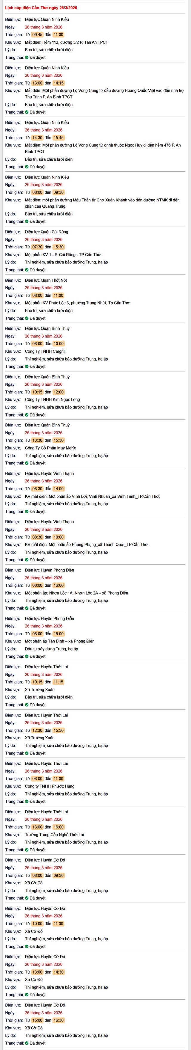 Tra cứu lịch cúp điện Cần Thơ hôm nay Thứ 5 ngày 26/3/2026- Ảnh 1.