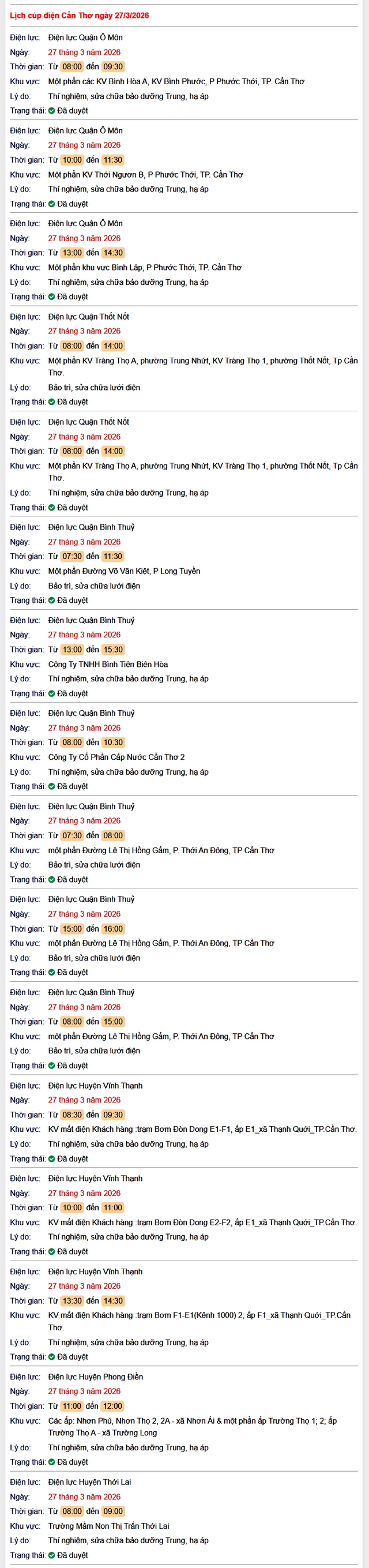 Tra cứu lịch cúp điện Cần Thơ hôm nay Thứ 6 ngày 27/3/2026- Ảnh 1.