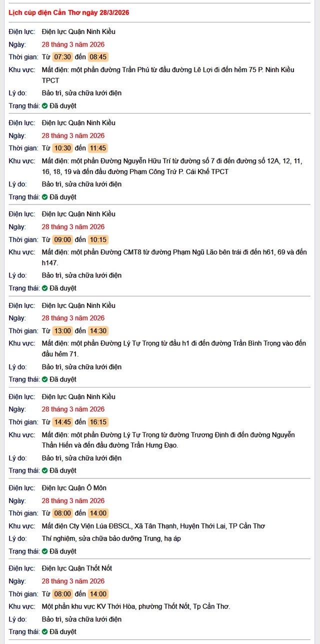 Tra cứu lịch cúp điện Cần Thơ hôm nay Thứ 7 ngày 28/3/2026- Ảnh 1.