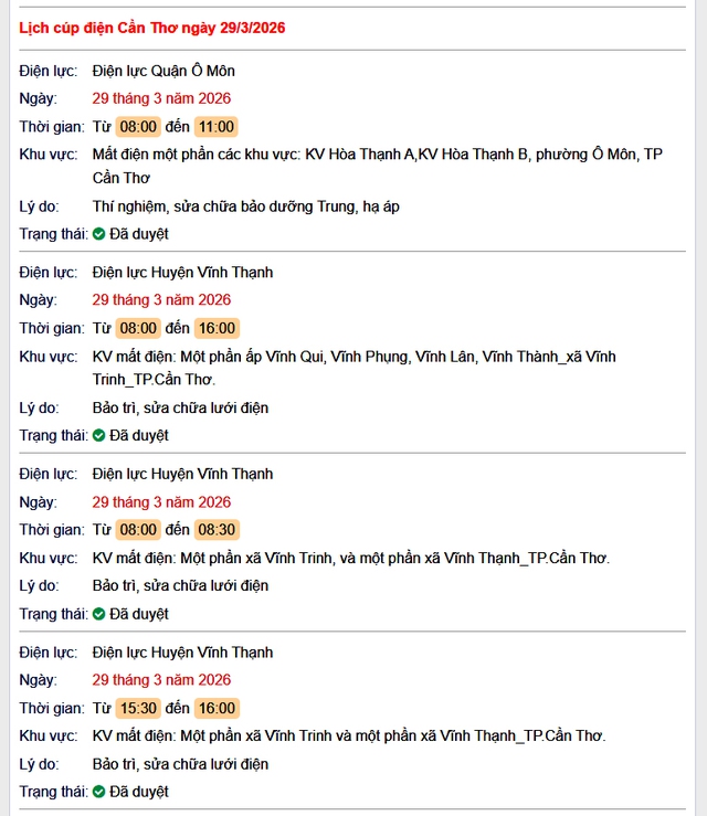 Tra cứu lịch cúp điện Cần Thơ hôm nay Chủ Nhật ngày 29/3/2026- Ảnh 1.
