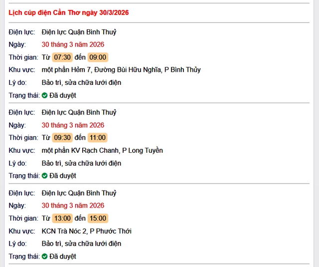 Tra cứu lịch cúp điện Cần Thơ hôm nay Thứ 2 ngày 30/3/2026- Ảnh 1.