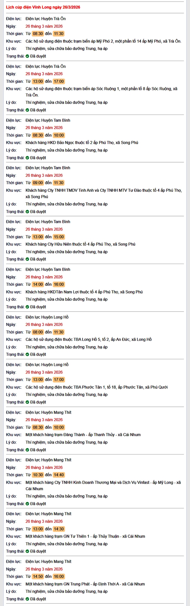 Tra cứu lịch cúp điện Vĩnh Long hôm nay Thứ 5 ngày 26/3/2026- Ảnh 1.
