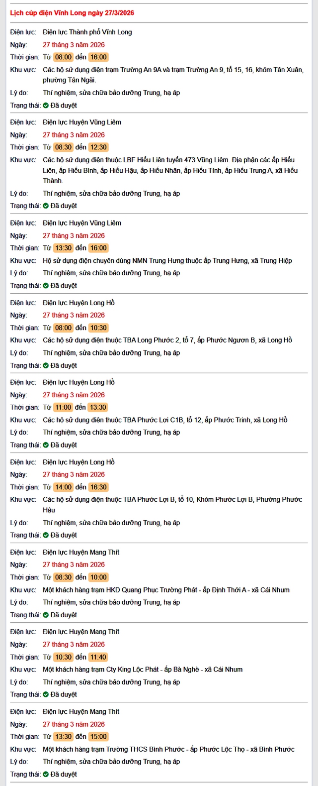 Tra cứu lịch cúp điện Vĩnh Long hôm nay Thứ 6 ngày 27/3/2026- Ảnh 1.