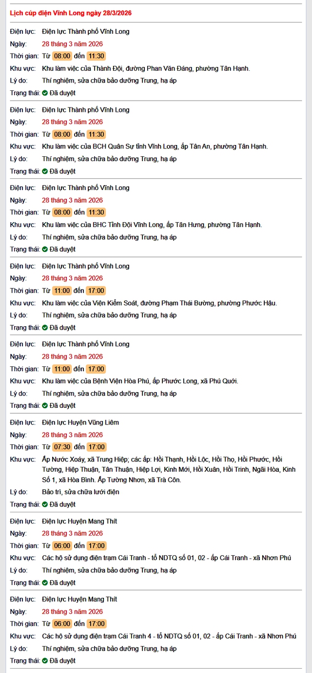 Tra cứu lịch cúp điện Vĩnh Long hôm nay Thứ 7 ngày 28/3/2026- Ảnh 1.