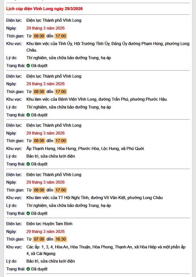 Tra cứu lịch cúp điện Vĩnh Long hôm nay Chủ Nhật ngày 29/3/2026- Ảnh 1. Tra cứu lịch cúp điện Vĩnh Long hôm nay Chủ Nhật ngày 29/3/2026- Ảnh 1.