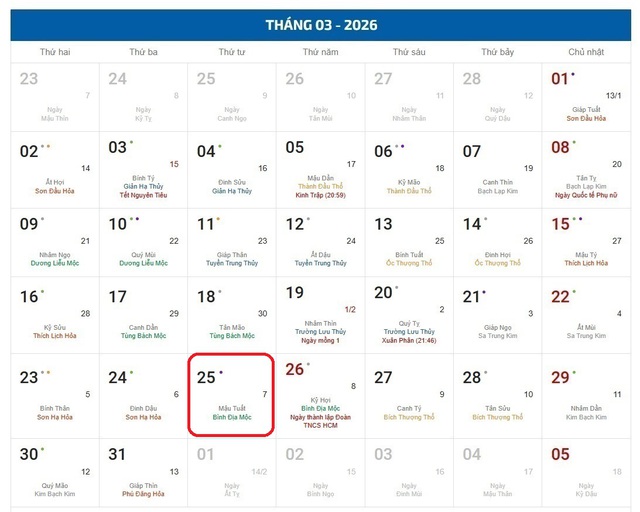 Lịch âm hôm nay 25/3 - Âm lịch 25/3 - Lịch vạn niên ngày 25/3/2026- Ảnh 1. Lịch âm hôm nay 25/3 - Âm lịch 25/3 - Lịch vạn niên ngày 25/3/2026- Ảnh 1.