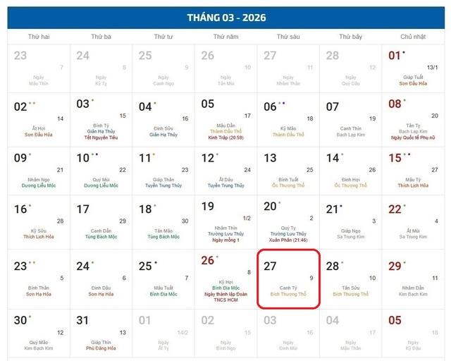 Lịch âm hôm nay - Âm lịch 27/3 - Lịch vạn niên ngày 27/3/2026- Ảnh 1.