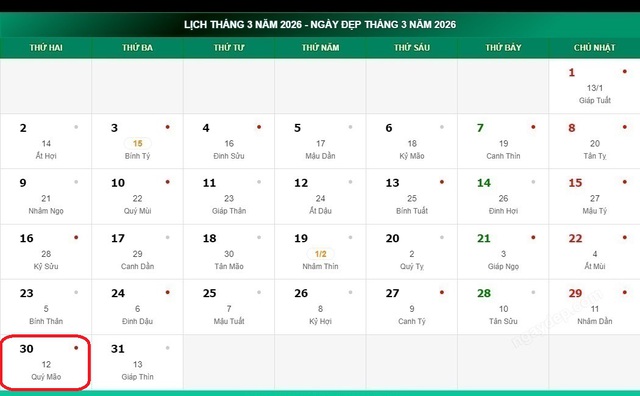 Lịch âm hôm nay 30/3 - Âm lịch 30/3 - Lịch vạn niên ngày 30/3/2026- Ảnh 1.
