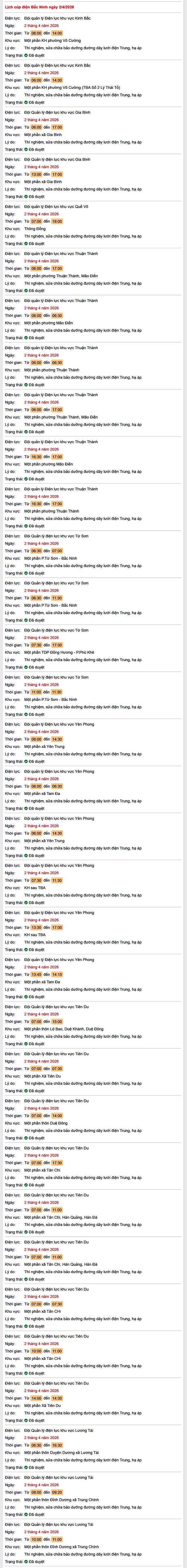 Tra cứu lịch cắt điện Bắc Ninh hôm nay Thứ 5 ngày 2/4/2026- Ảnh 1. Tra cứu lịch cắt điện Bắc Ninh hôm nay Thứ 5 ngày 2/4/2026- Ảnh 1.