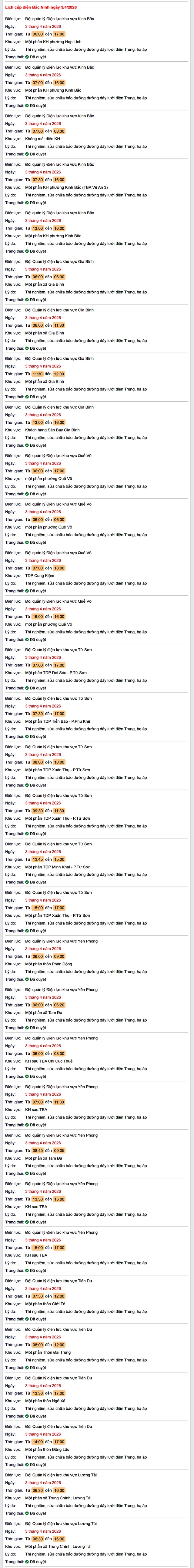Tra cứu lịch cắt điện Bắc Ninh hôm nay Thứ 6 ngày 3/4/2026- Ảnh 1. Tra cứu lịch cắt điện Bắc Ninh hôm nay Thứ 6 ngày 3/4/2026- Ảnh 1.