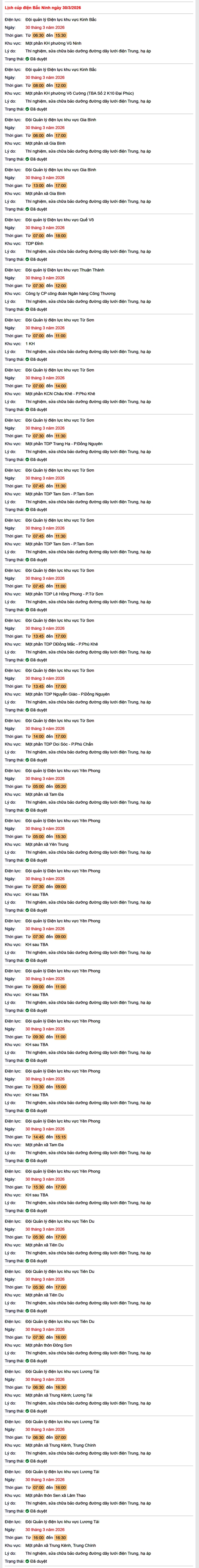 Tra cứu lịch cắt điện Bắc Ninh hôm nay Thứ 2 ngày 30/3/2026- Ảnh 1. Tra cứu lịch cắt điện Bắc Ninh hôm nay Thứ 2 ngày 30/3/2026- Ảnh 1.