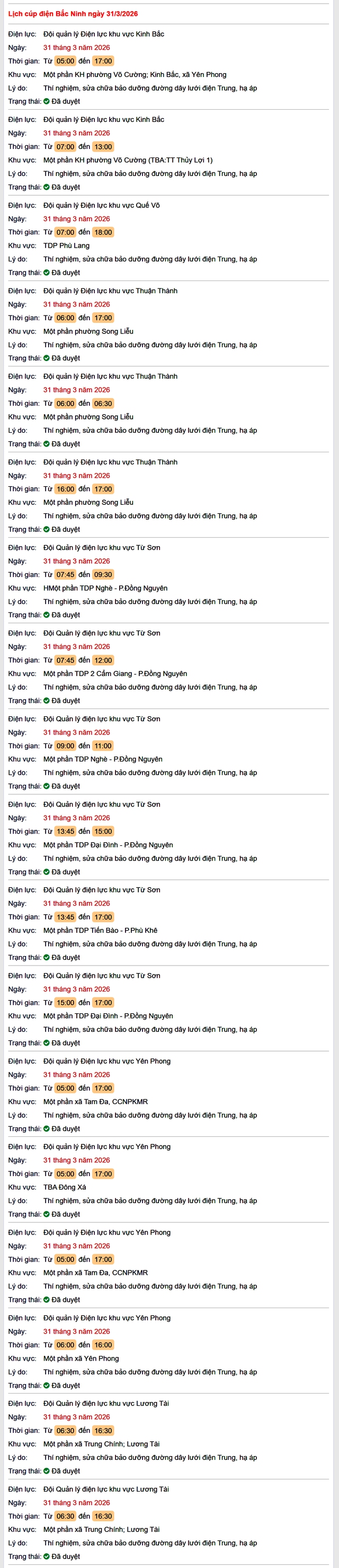 Tra cứu lịch cắt điện Bắc Ninh hôm nay Thứ 3 ngày 31/3/2026- Ảnh 1. Tra cứu lịch cắt điện Bắc Ninh hôm nay Thứ 3 ngày 31/3/2026- Ảnh 1.