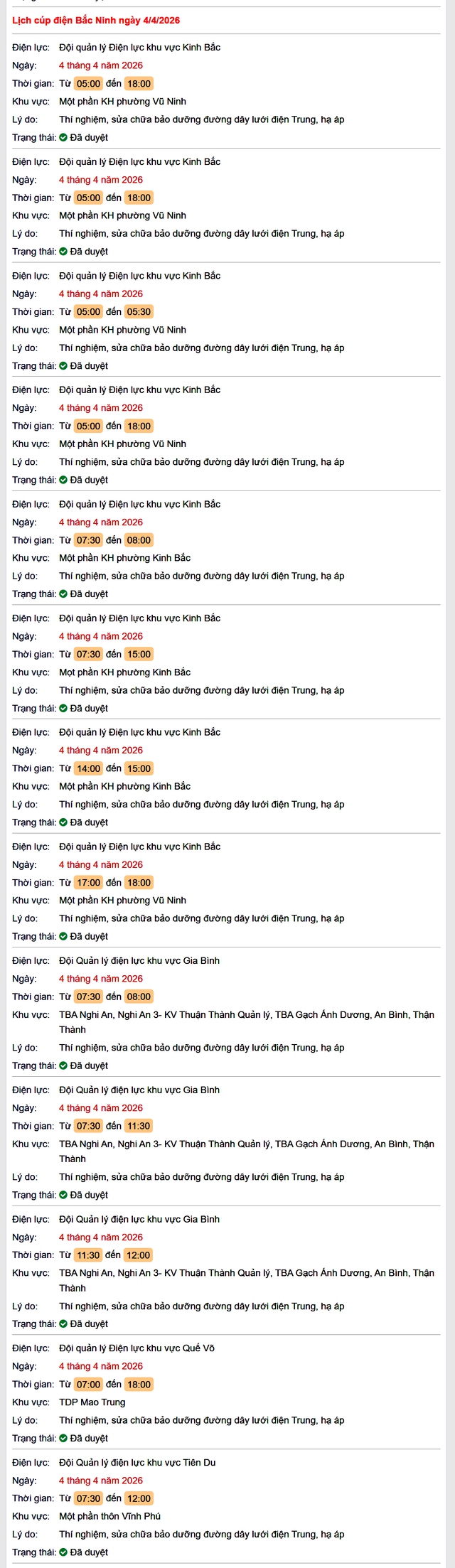Tra cứu lịch cắt điện Bắc Ninh hôm nay Thứ 7 ngày 4/4/2026- Ảnh 1. Tra cứu lịch cắt điện Bắc Ninh hôm nay Thứ 7 ngày 4/4/2026- Ảnh 1.
