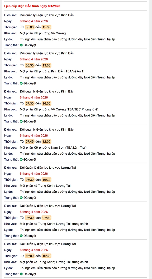 Tra cứu lịch cắt điện Bắc Ninh hôm nay Thứ 2 ngày 6/4/2026- Ảnh 1.