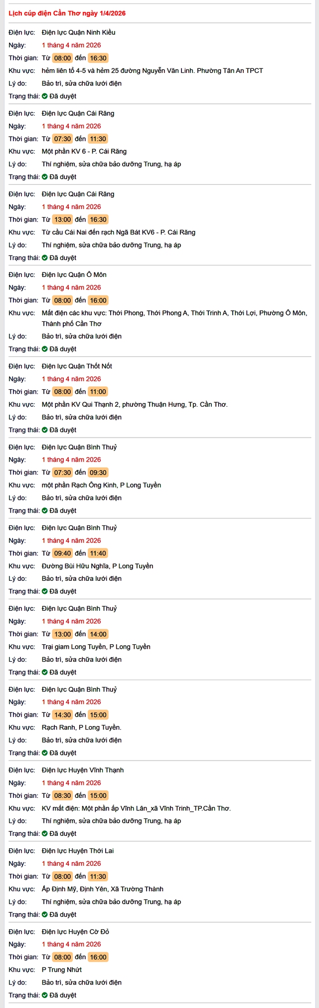 Tra cứu lịch cúp điện Cần Thơ hôm nay Thứ 4 ngày 1/4/2026- Ảnh 1. Tra cứu lịch cúp điện Cần Thơ hôm nay Thứ 4 ngày 1/4/2026- Ảnh 1.