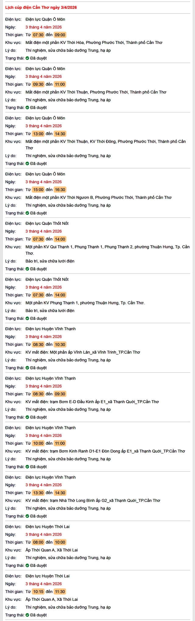 Tra cứu lịch cúp điện Cần Thơ hôm nay Thứ 6 ngày 3/4/2026- Ảnh 1. Tra cứu lịch cúp điện Cần Thơ hôm nay Thứ 6 ngày 3/4/2026- Ảnh 1.