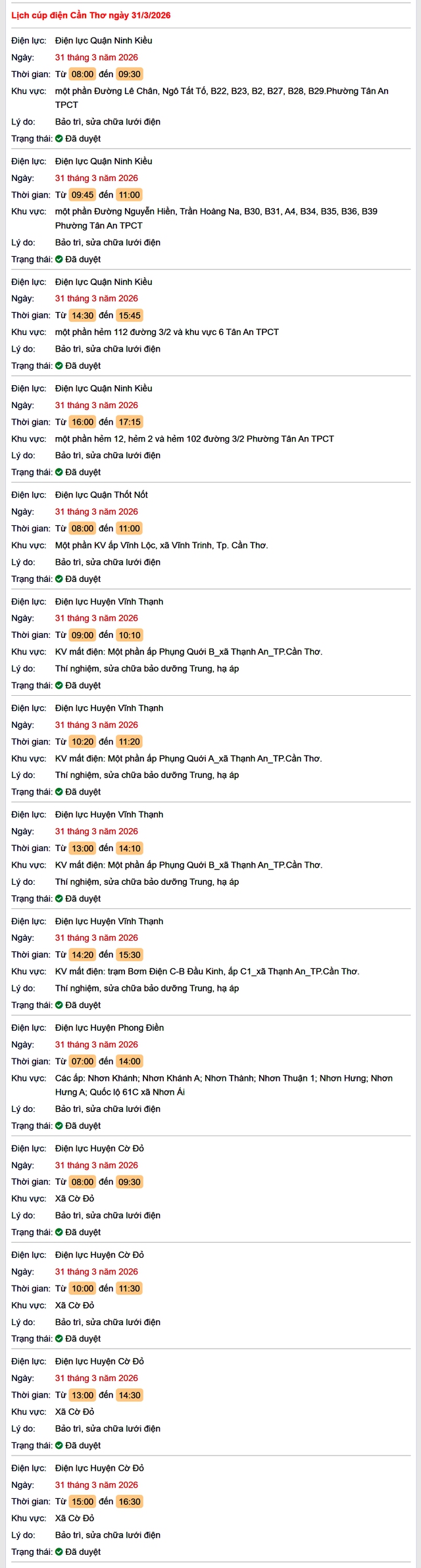Tra cứu lịch cúp điện Cần Thơ hôm nay Thứ 3 ngày 31/3/2026- Ảnh 1. Tra cứu lịch cúp điện Cần Thơ hôm nay Thứ 3 ngày 31/3/2026- Ảnh 1.