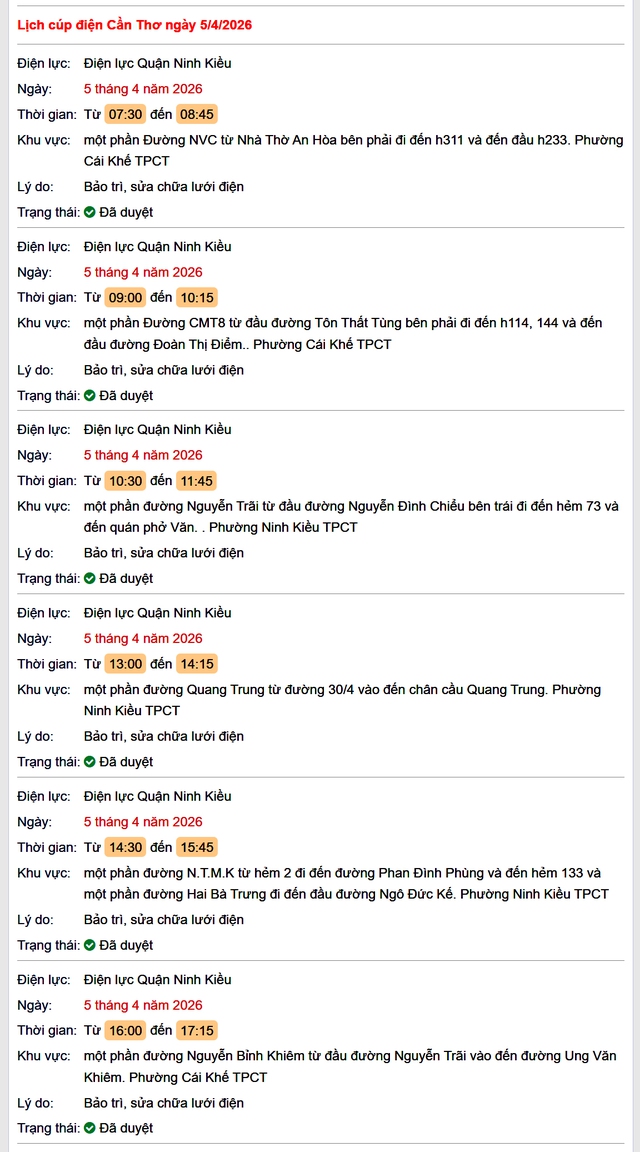 Tra cứu lịch cúp điện Cần Thơ hôm nay Chủ Nhật ngày 5/4/2026- Ảnh 1.