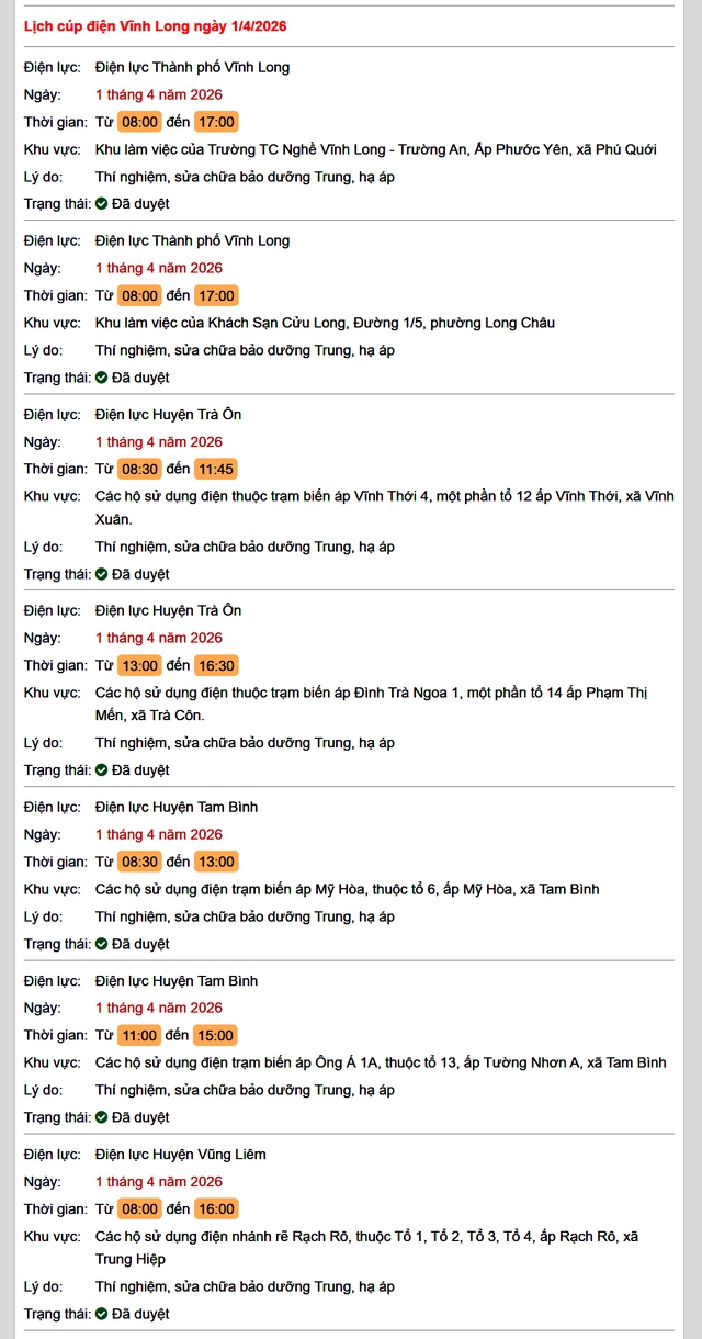 Tra cứu lịch cúp điện Vĩnh Long hôm nay Thứ 4 ngày 1/4/2026- Ảnh 1. Tra cứu lịch cúp điện Vĩnh Long hôm nay Thứ 4 ngày 1/4/2026- Ảnh 1.