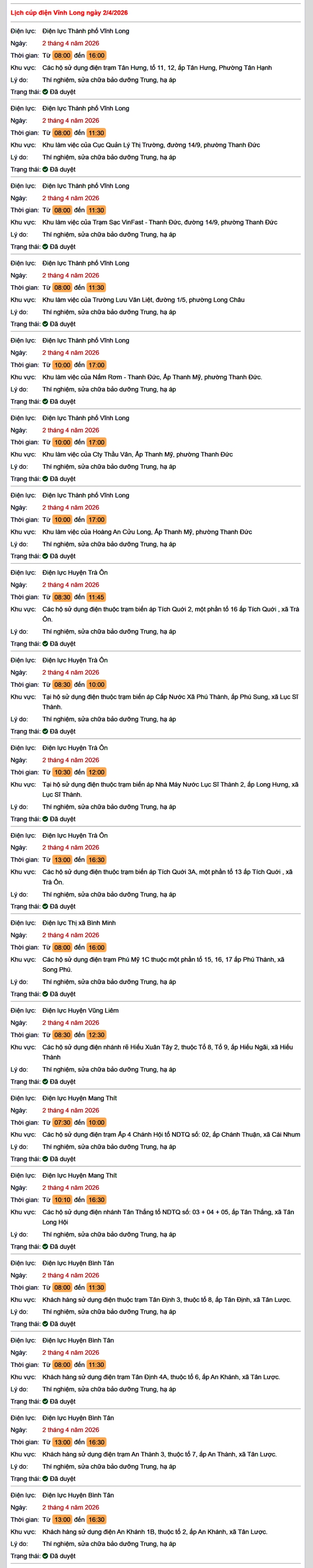 Tra cứu lịch cúp điện Vĩnh Long hôm nay Thứ 5 ngày 2/4/2026- Ảnh 1. Tra cứu lịch cúp điện Vĩnh Long hôm nay Thứ 5 ngày 2/4/2026- Ảnh 1.