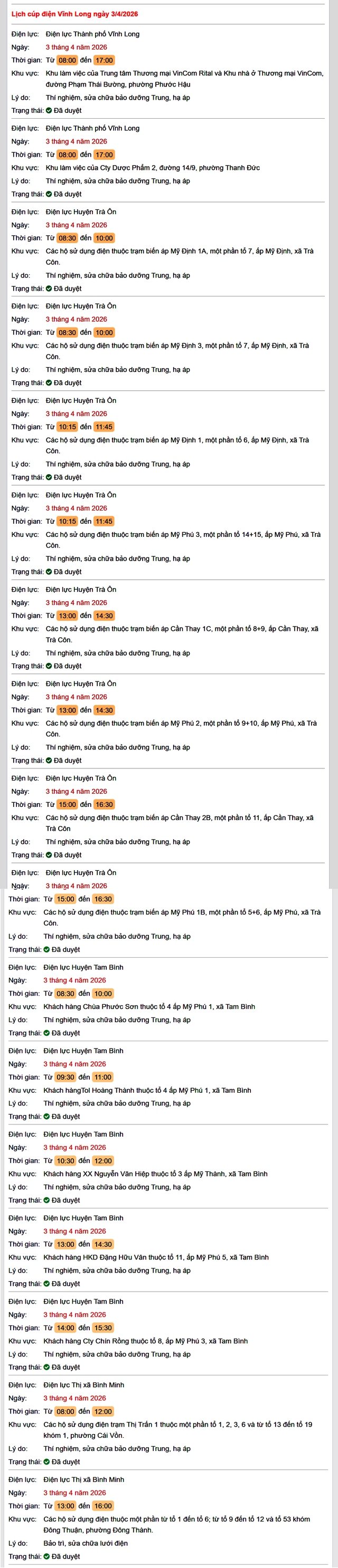Tra cứu lịch cúp điện Vĩnh Long hôm nay Thứ 6 ngày 3/4/2026- Ảnh 1. Tra cứu lịch cúp điện Vĩnh Long hôm nay Thứ 6 ngày 3/4/2026- Ảnh 1.