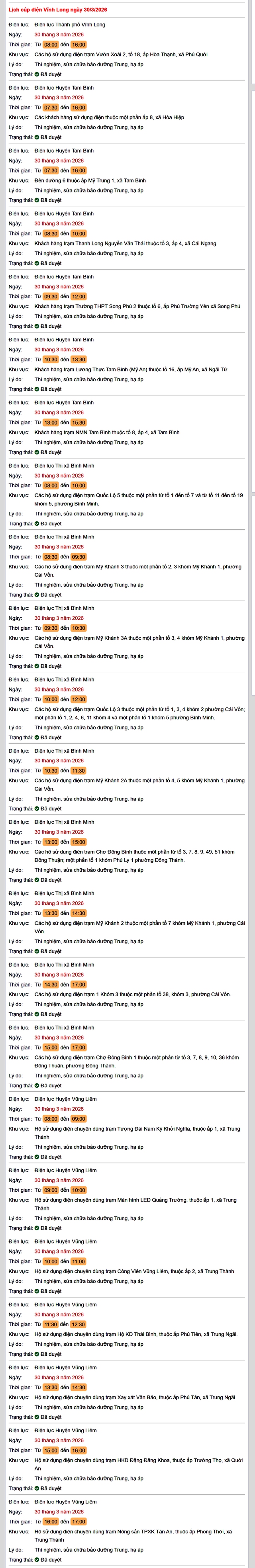 Tra cứu lịch cúp điện Vĩnh Long hôm nay Thứ 2 ngày 30/3/2026- Ảnh 1. Tra cứu lịch cúp điện Vĩnh Long hôm nay Thứ 2 ngày 30/3/2026- Ảnh 1.
