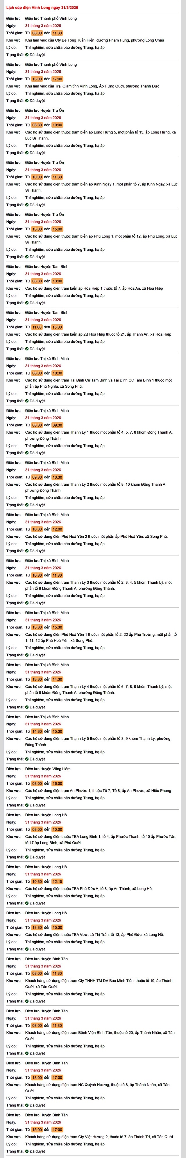 Tra cứu lịch cúp điện Vĩnh Long hôm nay Thứ 3 ngày 31/3/2026- Ảnh 1. Tra cứu lịch cúp điện Vĩnh Long hôm nay Thứ 3 ngày 31/3/2026- Ảnh 1.
