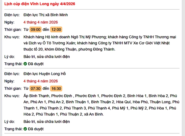 Tra cứu lịch cúp điện Vĩnh Long hôm nay Thứ 7 ngày 4/4/2026- Ảnh 1. Tra cứu lịch cúp điện Vĩnh Long hôm nay Thứ 7 ngày 4/4/2026- Ảnh 1.