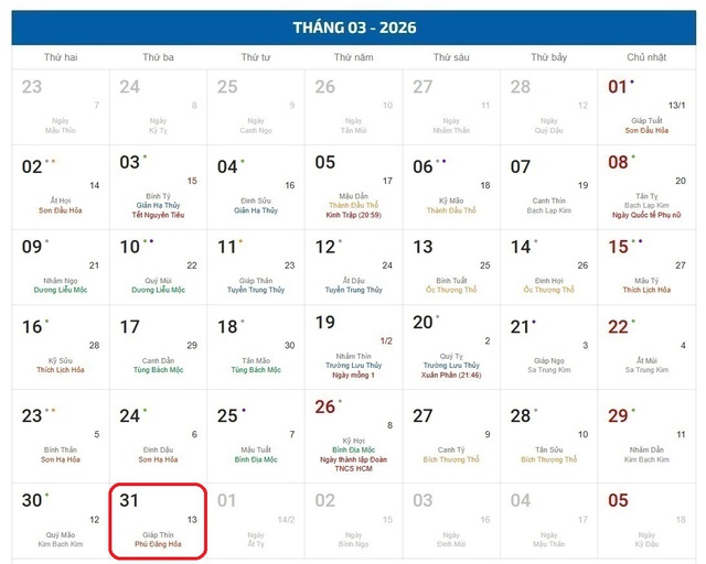 Lịch âm hôm nay 31/3 - Âm lịch 31/3 - Lịch vạn niên ngày 31/3/2026- Ảnh 1.
