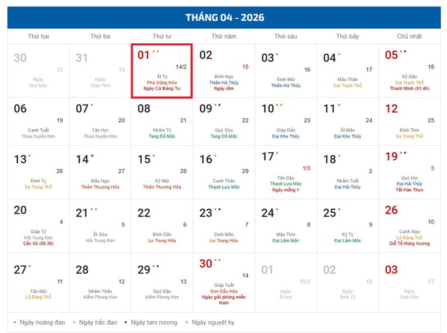 Lịch âm hôm nay 1/4 - Âm lịch 1/4 - Lịch vạn niên ngày 1/4/2026- Ảnh 1.