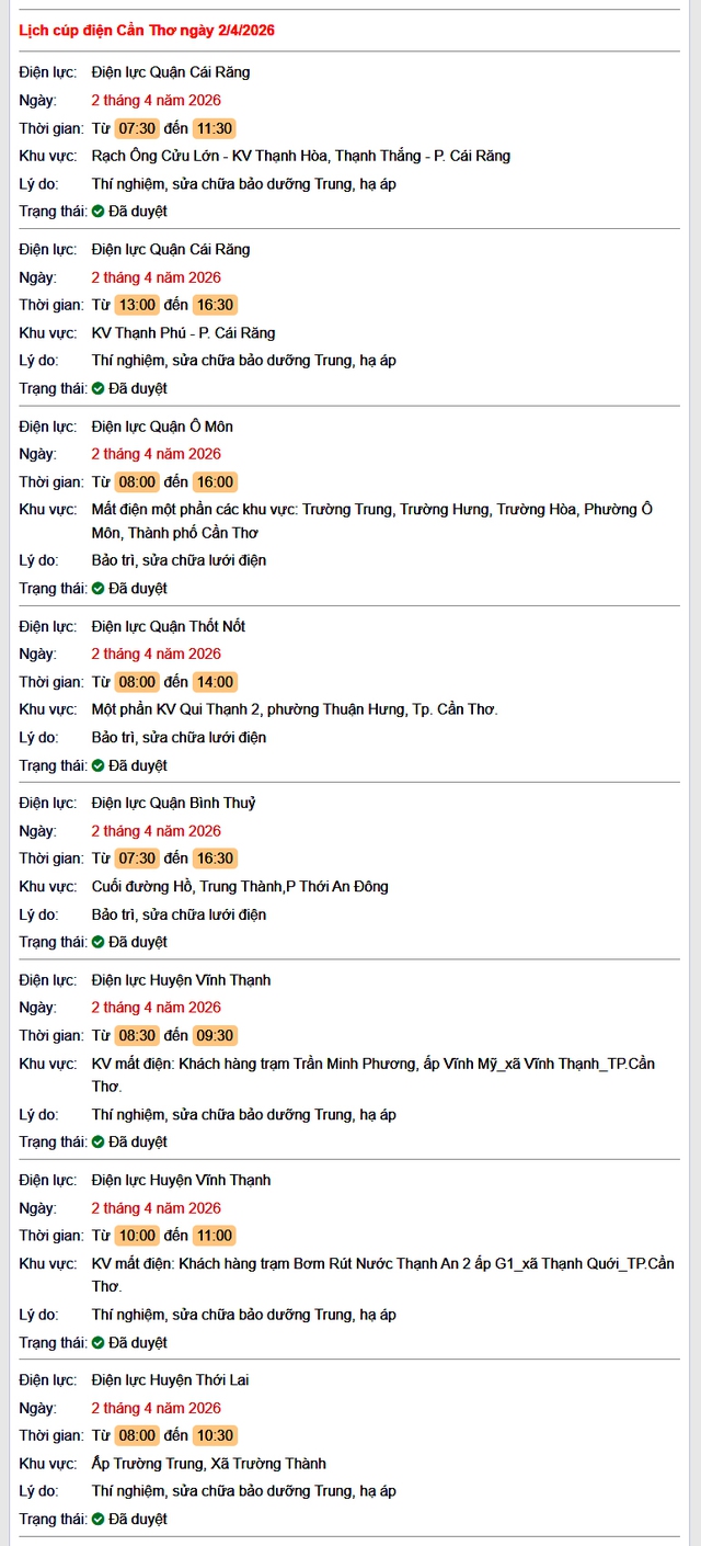 Tra cứu lịch cúp điện Cần Thơ hôm nay Thứ 5 ngày 2/4/2026- Ảnh 1. Tra cứu lịch cúp điện Cần Thơ hôm nay Thứ 5 ngày 2/4/2026- Ảnh 1.
