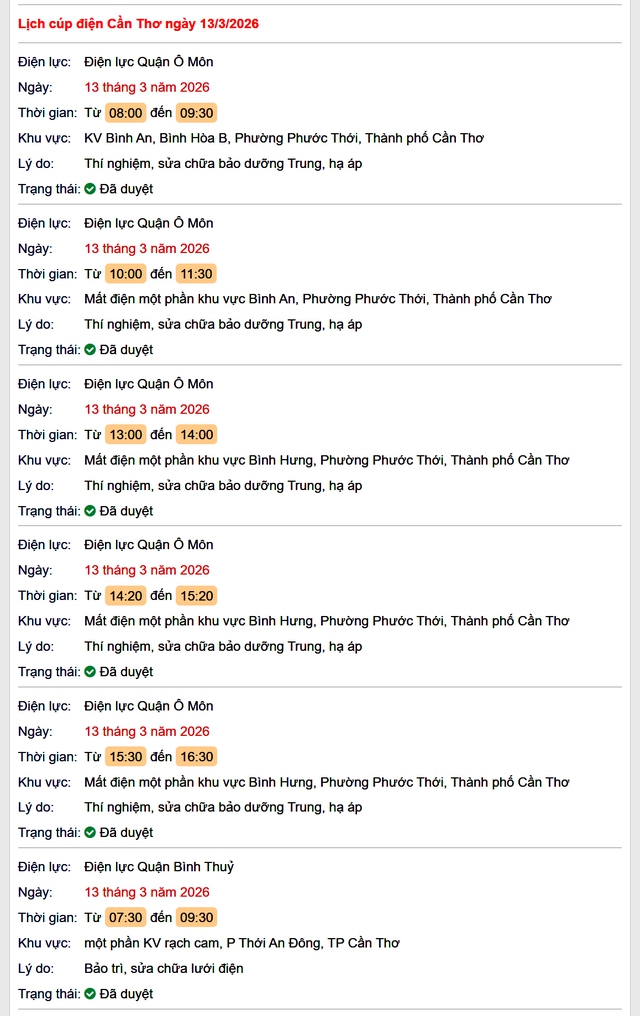 Tra cứu lịch cúp điện Cần Thơ hôm nay Thứ 6 ngày 13/3/2026- Ảnh 1.
