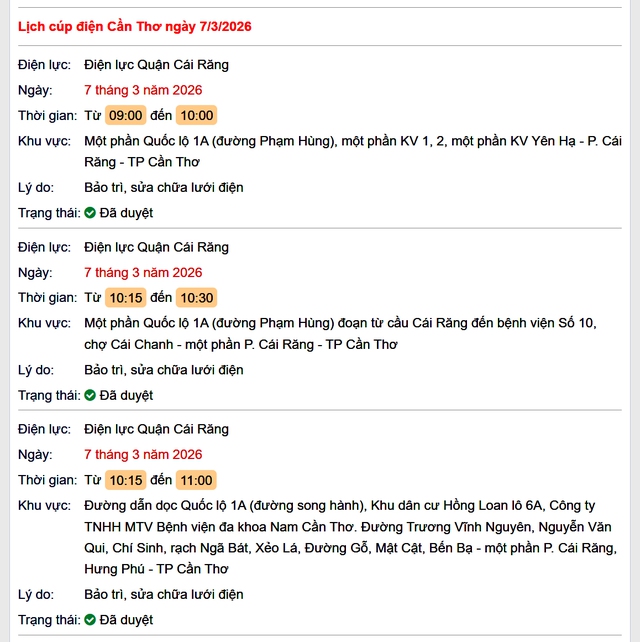 Tra cứu lịch cúp điện Cần Thơ hôm nay Thứ 7 ngày 7/3/2026- Ảnh 1.