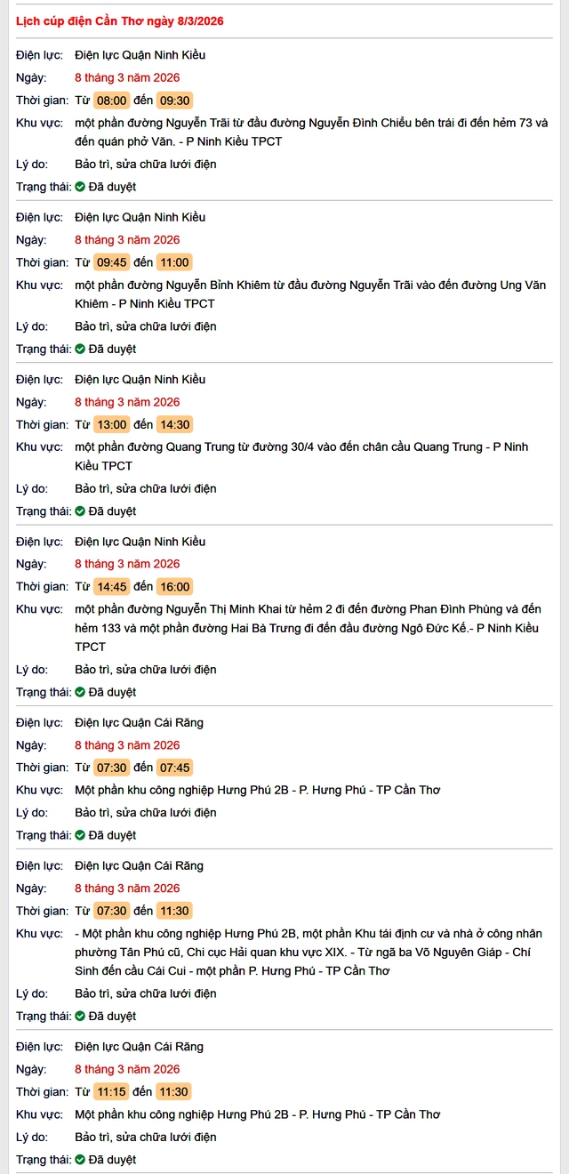 Tra cứu lịch cúp điện Cần Thơ hôm nay Chủ Nhật ngày 8/3/2026- Ảnh 1.