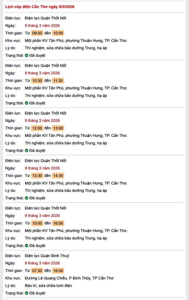 Tra cứu lịch cúp điện Cần Thơ hôm nay Thứ 2 ngày 9/3/2026- Ảnh 1.