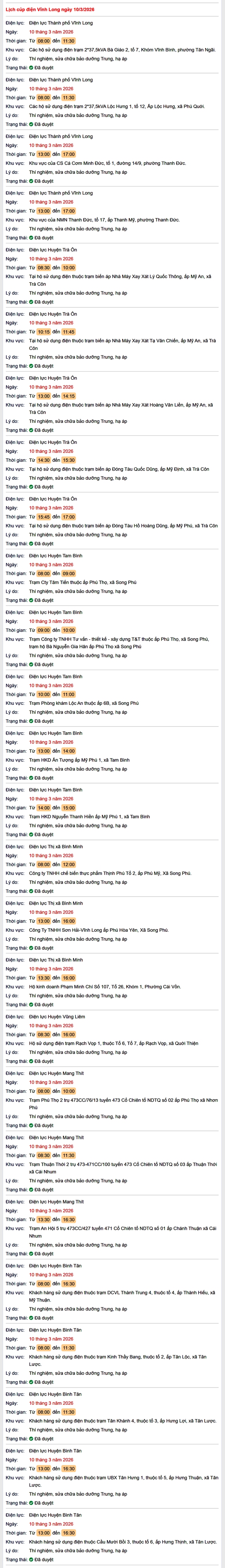 Tra cứu lịch cúp điện Vĩnh Long hôm nay Thứ 3 ngày 10/3/2026- Ảnh 1. Tra cứu lịch cúp điện Vĩnh Long hôm nay Thứ 3 ngày 10/3/2026- Ảnh 1.