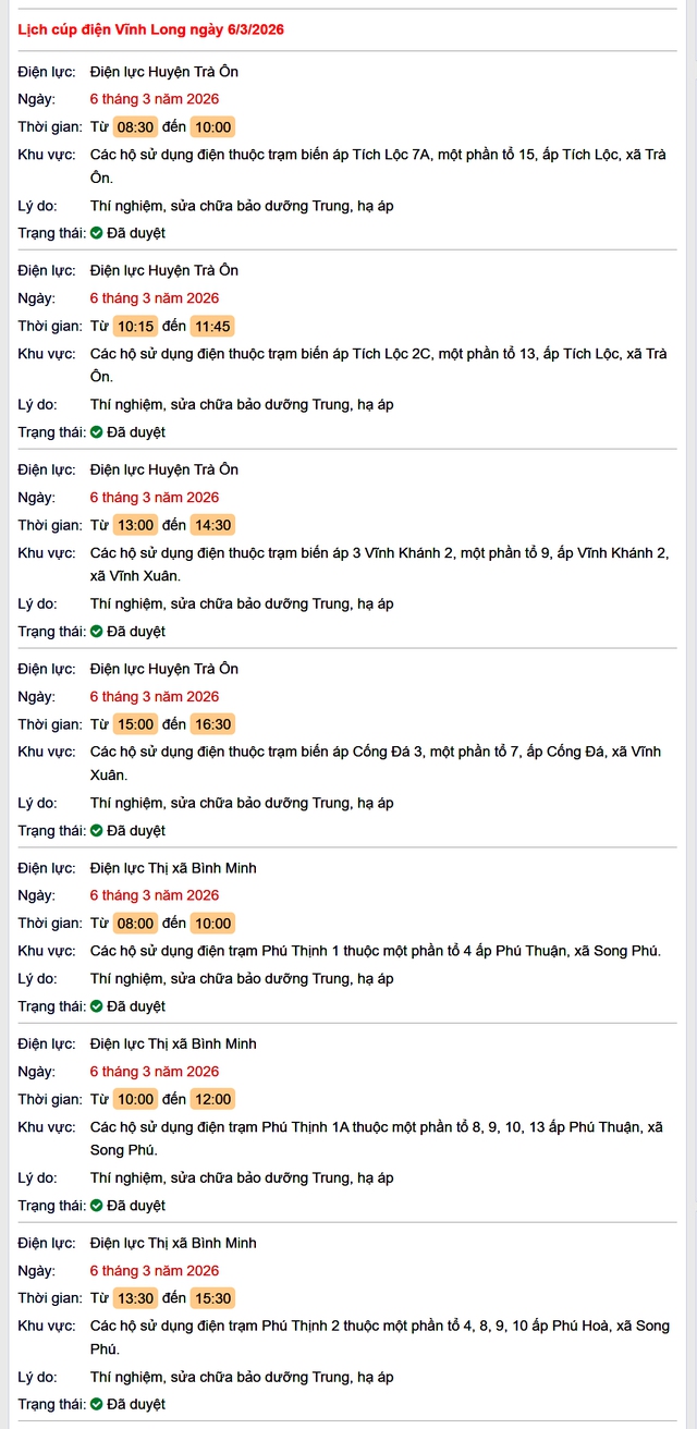 Tra cứu lịch cúp điện Vĩnh Long hôm nay Thứ 6 ngày 6/3/2026- Ảnh 1.