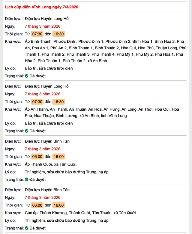 Tra cứu lịch cúp điện Vĩnh Long hôm nay Thứ 7 ngày 7/3/2026- Ảnh 1.