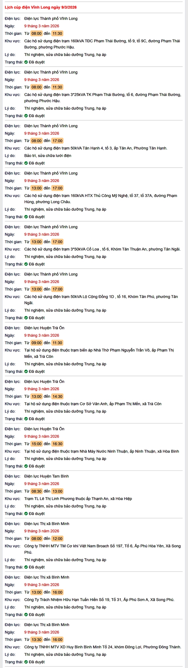 Tra cứu lịch cúp điện Vĩnh Long hôm nay Thứ 2 ngày 9/3/2026- Ảnh 1.