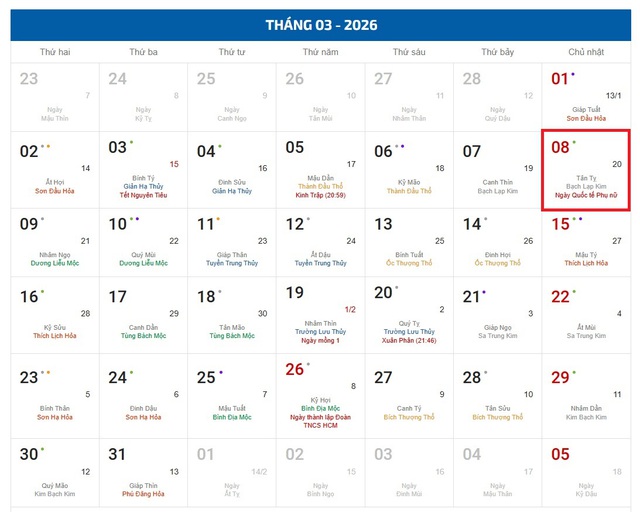 Lịch âm 8/3 - Âm lịch hôm nay 8/3 - Lịch vạn niên ngày 8/3/2026- Ảnh 1.