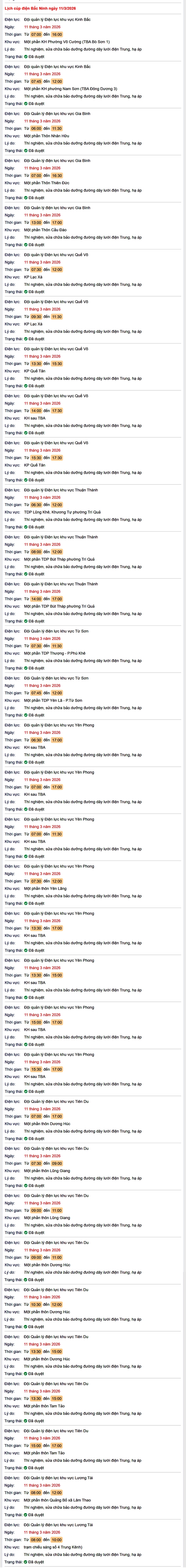 Tra cứu lịch cắt điện Bắc Ninh hôm nay Thứ 4 ngày 11/3/2026- Ảnh 1.