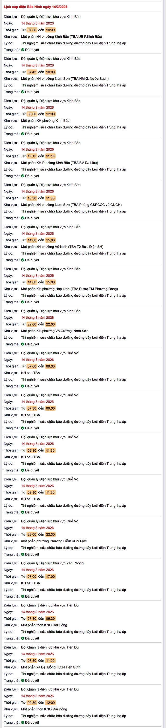 Tra cứu lịch cắt điện Bắc Ninh hôm nay Thứ 7 ngày 14/3/2026- Ảnh 1. Tra cứu lịch cắt điện Bắc Ninh hôm nay Thứ 7 ngày 14/3/2026- Ảnh 1.