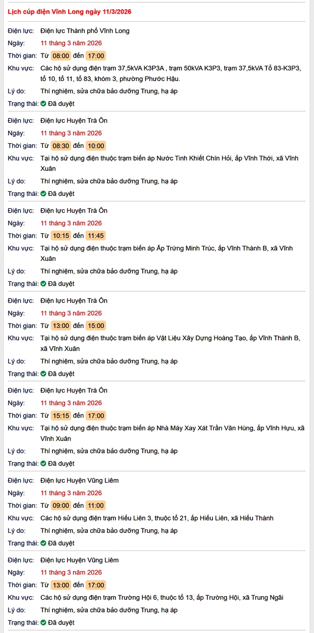 Tra cứu lịch cúp điện Vĩnh Long hôm nay Thứ 4 ngày 11/3/2026- Ảnh 1.