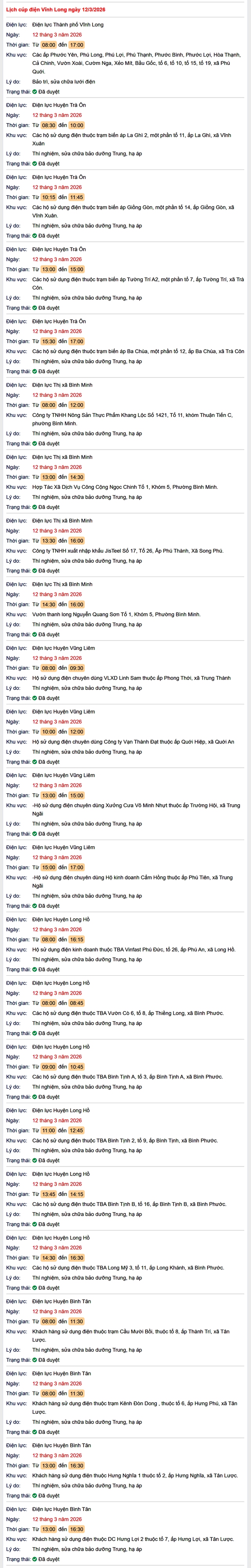 Tra cứu lịch cúp điện Vĩnh Long hôm nay Thứ 5 ngày 12/3/2026- Ảnh 1.
